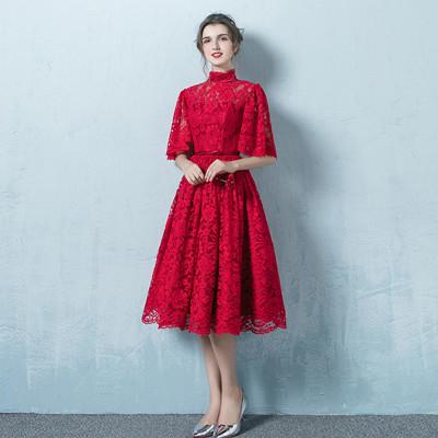 High Neck Lace Cocktail Dresses with Half Sleeves 2019 Knee Length Party Dress New Midi Dress for Women