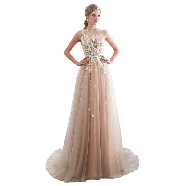 New See Though Lace Prom Dresses Zipper Back A Line White Appliques Sweep Train Formal Occasion Evening Dresses Cheap Hot Sale