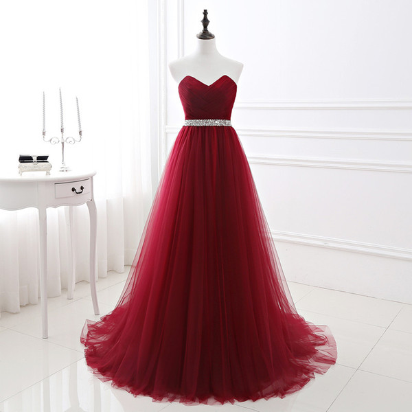 100% Real Image Burgundy Tulle Evening Dresses Sweetheart Neck Tulle Beaded A Line Floor Length Designer Occasion Dresses Party Gown