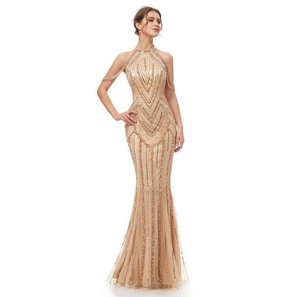 Luxury Champagne Sheath Long Beads Evening Dresses Sexy Crystals Mermaid Party Maxi Dress Prom Gowns Floor Length 5404