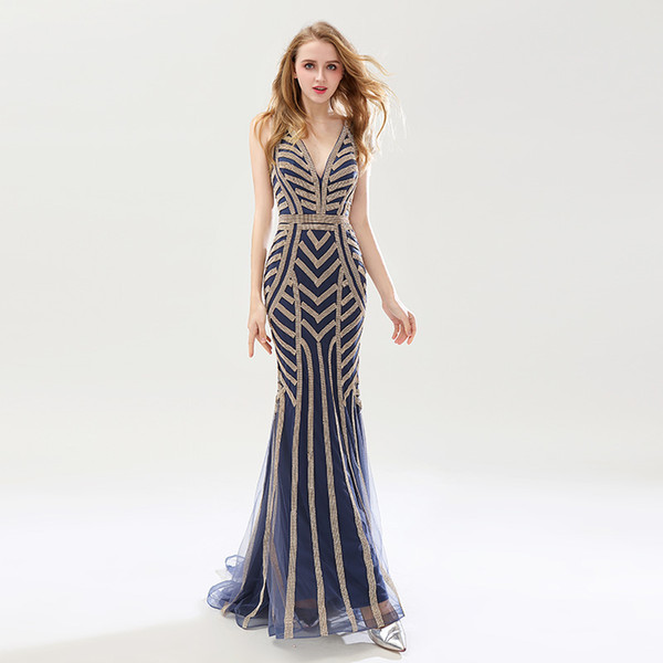 Real Image Navy Blue Beading Mermaid Evening Dresses Sexy Tulle V-Neck Long Women Important Party Dress Luxury Prom Gowns OL476