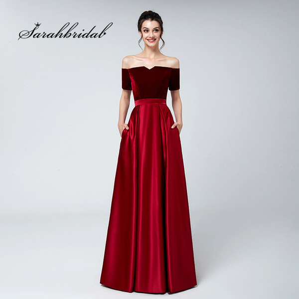 Burgundy Long Evening Dresses Off Shoulder Velvet Top Satin Floor Length Party Formal Gowns Elegant Lace up Back 3117