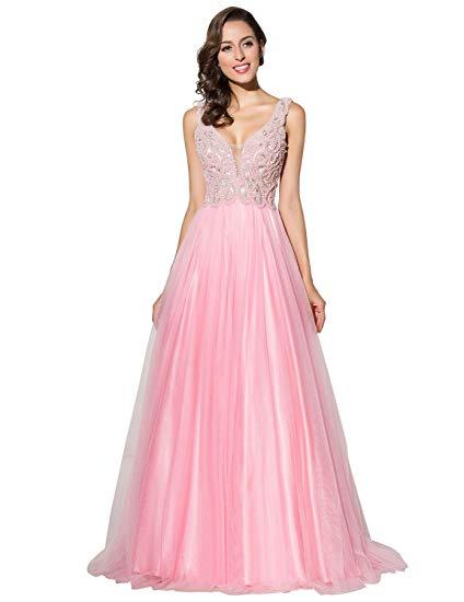 Pink Prom Dress Backless V Neck Backless A line Sexy Long Pageant Formal Gowns 