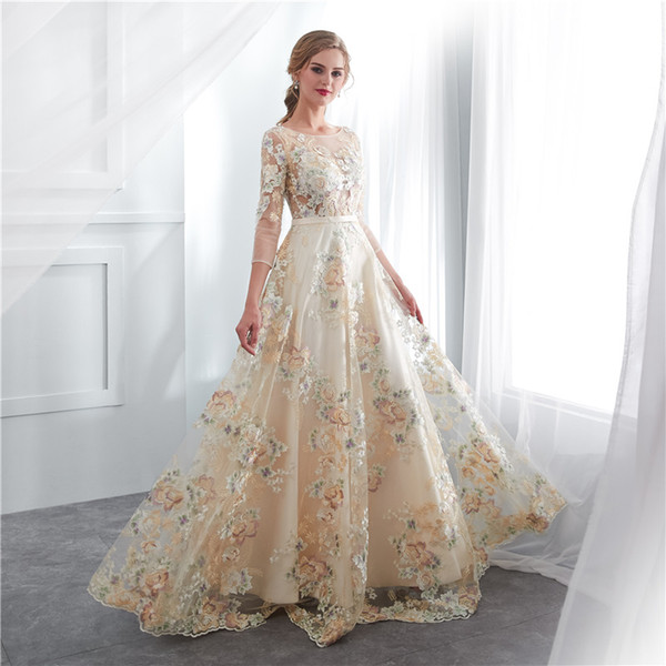 Fairy Lace Appliques Prom Dresses Sheer Jewel Neck See Though Long Sleeve Formal Evening Occasion Dresses Custom Made Hot Sale
