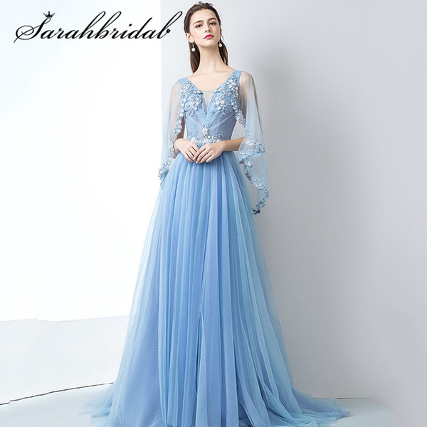 Elegant Sky Blue Prom Dresses New Arrivals A-line With Train Handmade Flowers Shawl Lace Up Party Evening Dresses