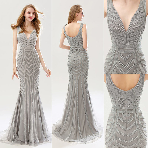 Real Image Sparkly Crystal Designer Occasion Dresses V Neck Mermaid Sweep Trian Silver Color Formal Occasion Evening Dresses Lx476