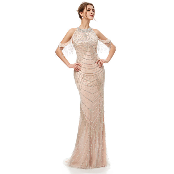 Sexy Hot Luxury Beading Evening Dresses with Sequin Tassel Zipper Back See Through Bling Bling Celebrity Red Carpet Dress 5403