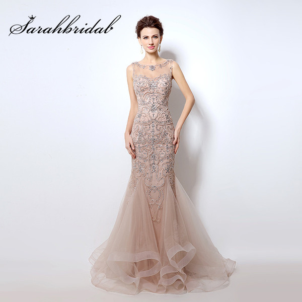 Elegant Blush Evening Dresses Mermaid Long Beading Crystals Real Photo Sexy Sheer Neck Prom Party Gowns Robe de Soiree LX006