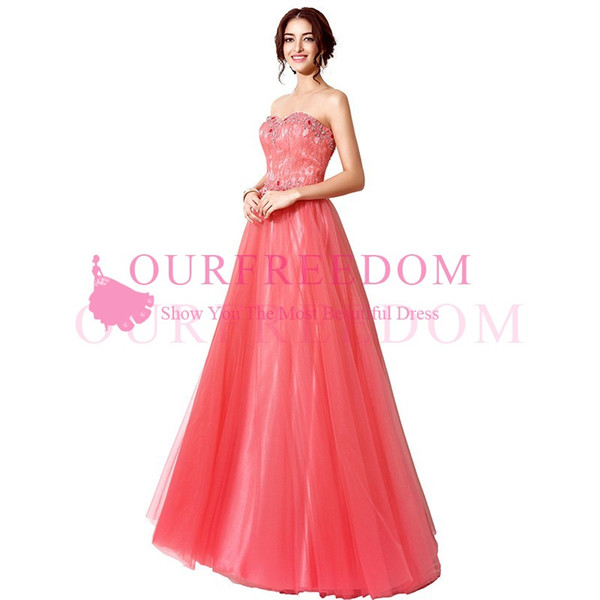 Elegant Charming Coral Evening Dresses With Sheath Lace-Up Back Prom Party Gowns Strapless Tulle Floor Length Crystal SD207