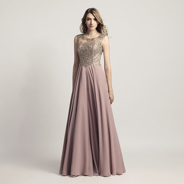 New Arrival Cheap Long Prom Dresses Chiffon Sheer Neck Illusion Back Evening Party Gown Beading Bodice Formal Women Dress Designer