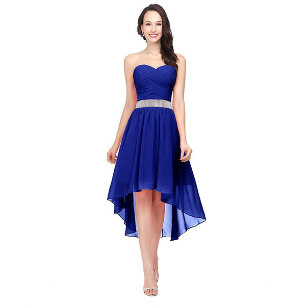 Royal Blue Bridesmaid Dresses High Low Sweetheart Beaded Sash Lace up Back Cheap Chiffon Modest Wedding Party Gowns SD400
