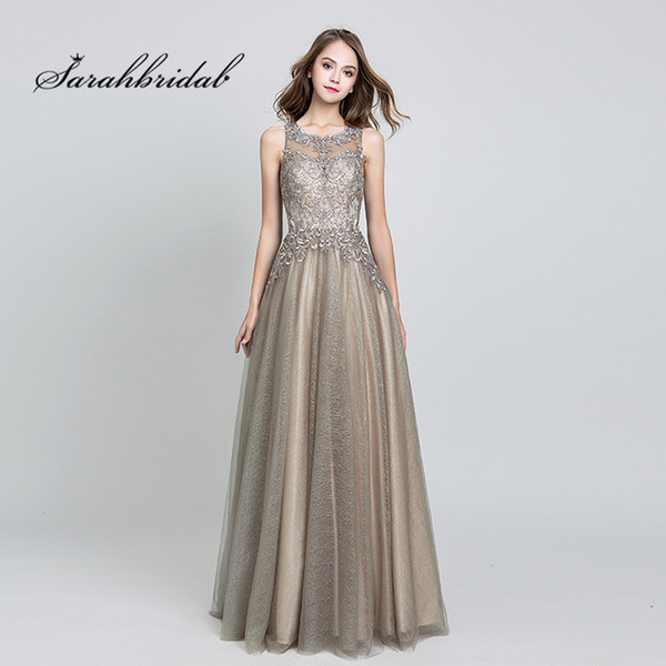 Elegant Evening Dresses Long Mocha Tulle Floor Length Vestidos De Festa Longo O-Neck Handmade Embroidery Prom Party Gowns LX560