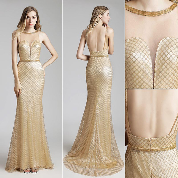 Vintage Gold silver Luxury sequined Mermaid Evening Dresses Wear yousef aljasmi Sheer Neck Cap Sleeve backless arabic Prom Formal Gowns 449