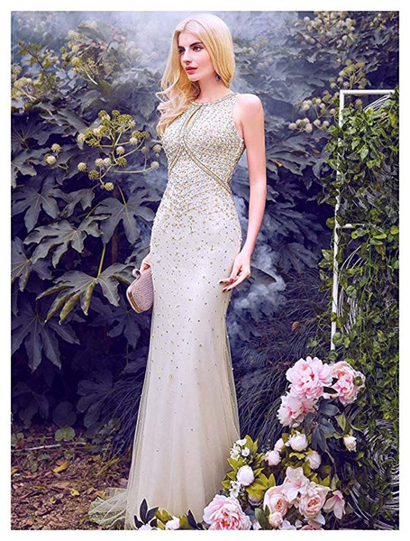 100% Real Image Champagne Mermaid Prom Dress Luxury Beaded Crystal Long Designer Formal Evening Party Gowns 