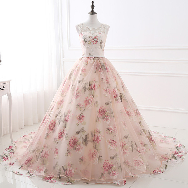 100% Real Image Pink Evening Dresses Sheer Jewel Neck A Line Lace Up Back Sweep Train Designer Occasion Dresses