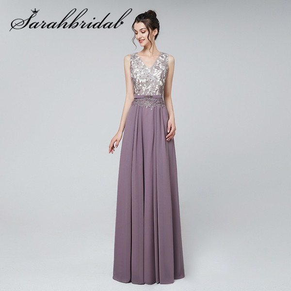 Simple Spring New Arrivals Prom Dresses Lace Applique V-neck Elegant Lilac Beading Sashes Beaded Party Evening Gown