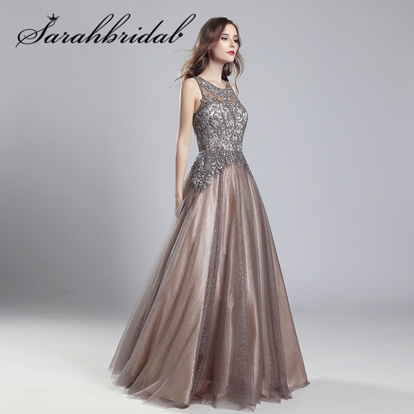 Elegant Evening Dresses Long Mocha Tulle Floor Length Vestidos De Festa Longo O-Neck Handmade Embroidery Prom Party Gowns