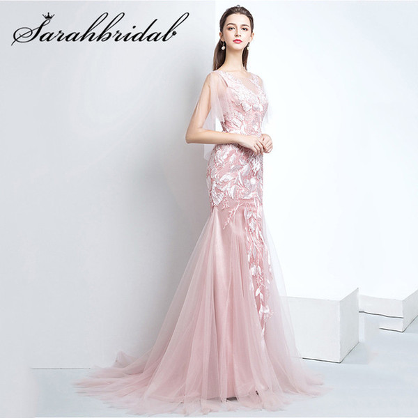 Dusty Rose Youth Evening Dresses New Arrivals Mermaid With Train Lace Tulle Trumpet Sleeve Lace Up Back Party Prom Gown
