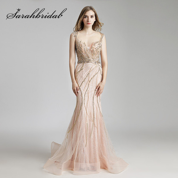 Luxury Champagne Celebrity Formal Dresses Beaded Crystals Mermaid Long Sheer Neck Illusion Back Evening Prom Gowns Custom Made
