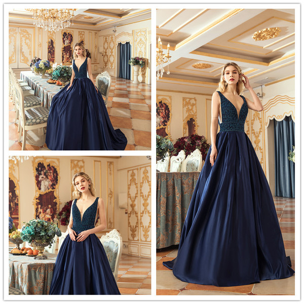 Sexy New Elegant Long Evening Dresses Satin Deep V-Neck Floor Length Sleeveless Prom Party Gown Court Train Beads Backless
