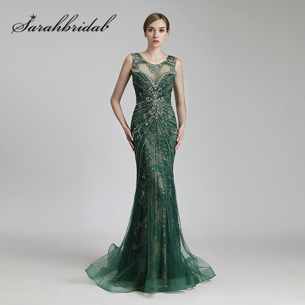 Luxury Long Evening Dresses Sexy Sheer Back Mermaid O Neck Beaded Crystals Women Formal Celebrity Gowns Real Photos