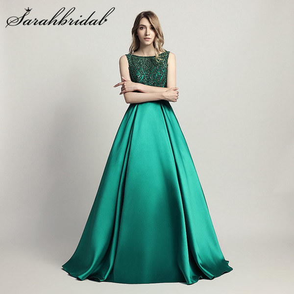 Stunning Beaded Evening Dresses Long Elegant O Neck Sexy Backless Satin Vestido Longo In Stock Floor Length Prom Gowns LX443