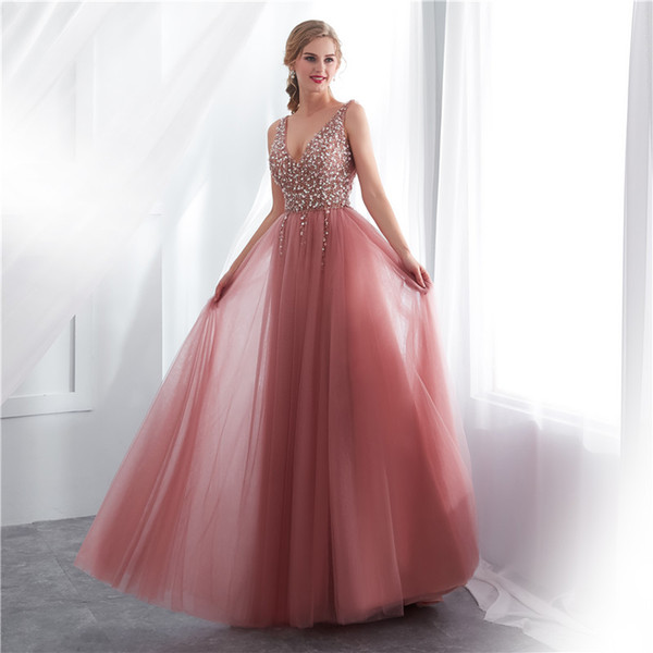 Real Image Cmmeo Brown Tulle Prom Dresses Sexy V Neck Heavy Beaded Crystal Side Split Lace Up Back Formal Evening Occasion Dresses