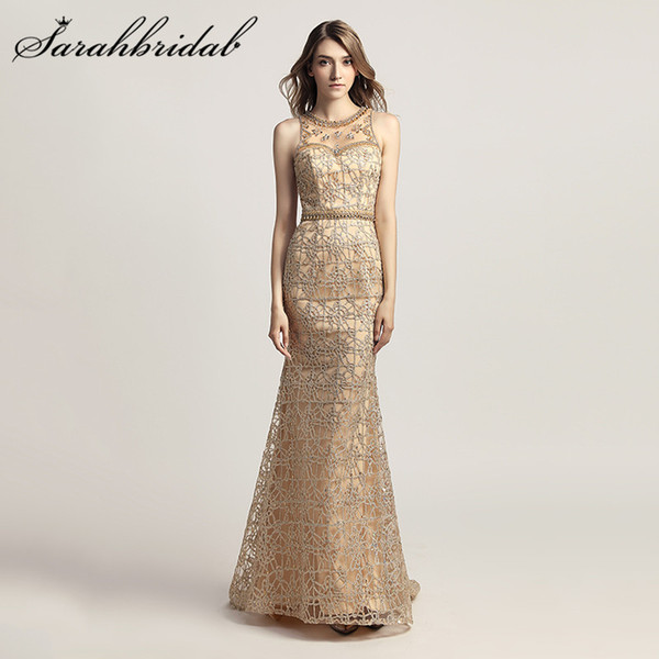 Gold Mermaid Evening Dresses Long Illusion Back O Neck Formal Vestidos de Festa Floor Length Crystals Mermaid Prom Gowns LX436