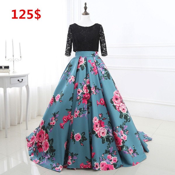 100% Real Image Print Evening Dresses Half Sleeve Black Lace Top Backless Sweep Train Designer Occasion Dresses In Stock Cheap