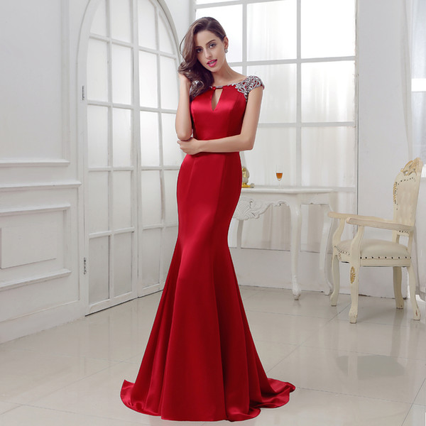 Elegant Burgundy Mermaid Evening Dresses Long Satin with Crystal Beaded Sexy V Back Court Train Formal Party Gowns LX286