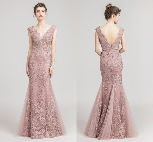 Real Image Dark Rose Pink Designer Occasion Dresses V Neck Lace Appliques Pearls Mermaid Formal Occasion Evening Party Dresses Custom