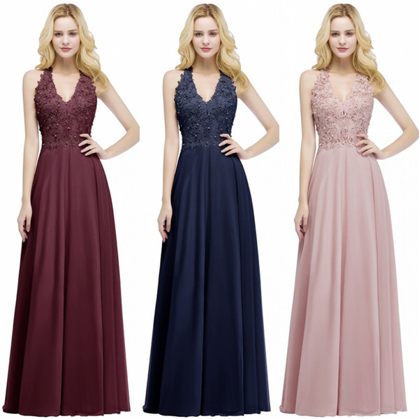 Babyonline Sexy New Lace Chiffon Long Evening Dress 2022Elegant Sleeveless A Line V Neck Sequins Beaded Prom Gowns Bridesmaids Dress CPS912