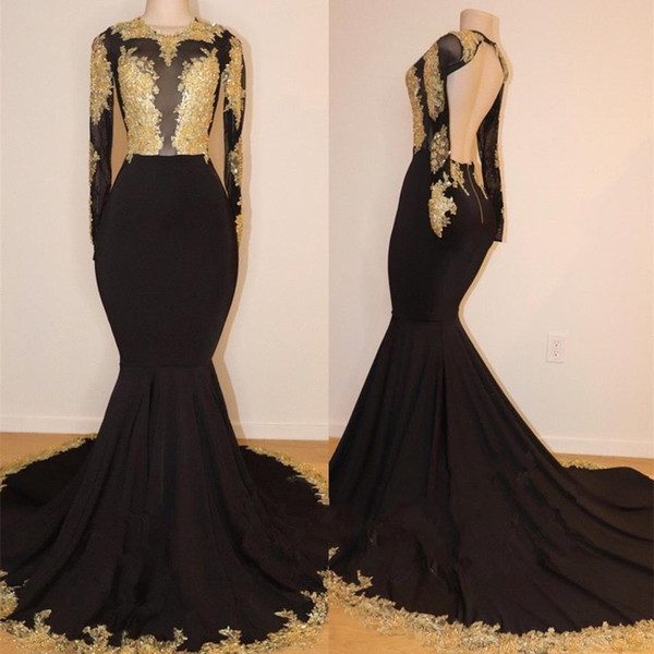Real Photos Designer Black Mermaid Prom Dresses with Gold Lace Appliqued Sexy Backless Long Sleeves Evening Gowns Vestidos BC1255