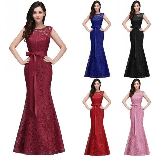 2022Designed Burgundy Lace Evening Prom Dresses Elegant Mermaid Formal Dress Jewel Neck with Sash Wedding Guest Bridesmaids Dress CPS720