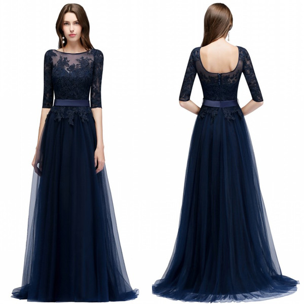 Evening Prom Dresses A Line Sheer Half Sleeves Appliques Backless Long Front Split Evening Robe de soriee CPS470