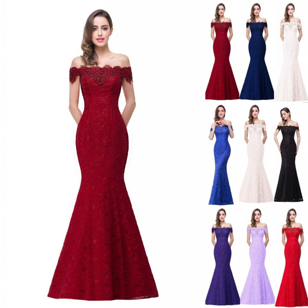 2022New Designer Cheap In Stock Designer Prom Dresses Off Shoulder Lace Appliques Mermaid Bridesmaid Dresses Corset Back CPS199