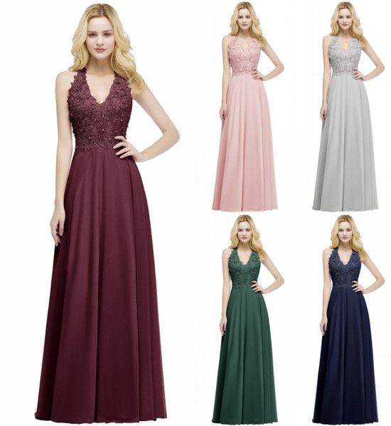 Real Pictures 2022Blush Pink Long Evening Dresses V Neck Beaded Lace Appliqued Chiffon Cheap Bridesmaid Party Prom Gowns CPS912