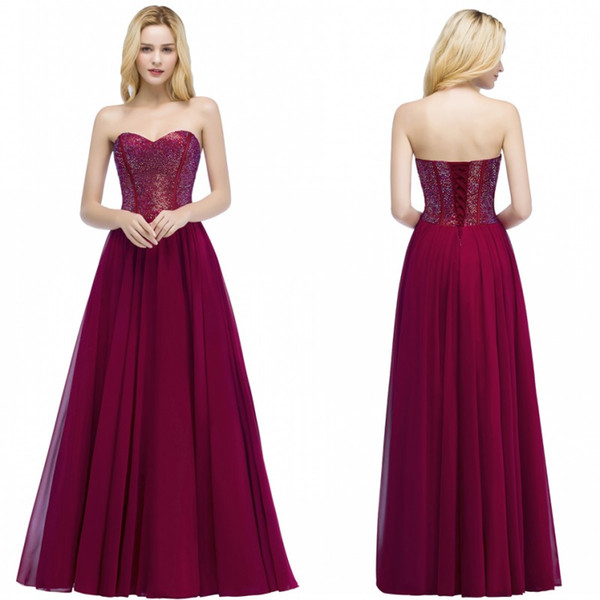 Babyonline Designed New Burgundy Evening Prom Dresses A Line Glitz Sweetheart Lace-up Backless Long Chiffon Bridesmaids Dress CPS883