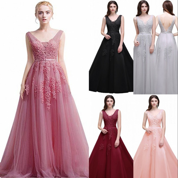 Babyonline Women's Double V-Neck Tulle Appliques Long Evening Prom Dress Sexy Backless A Line Homecoming Cocktail Gowns CPS304