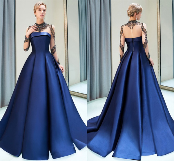 Designed New Navy Blue Elegant Evening Prom Dresses Sheer Long Sleeves Beadings Ruffles Long Celebrity Formal Dress CPS1160