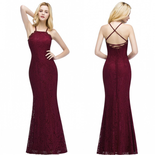 2022Babyonline Designed New Lace Burgundy Evening Prom Dresses Sheath Halter Neck Criss Cross Backless Long Bridesmaids Gowns CPS876