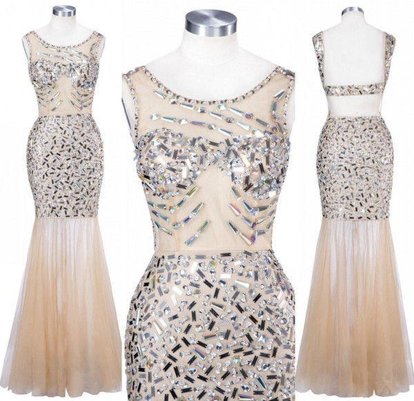 Luxury Champagne Crystal Beaded Tulle Evening Dresses Vestidos De Festa longo Elegant Mermaid Floor Length Prom Dress CPS1026