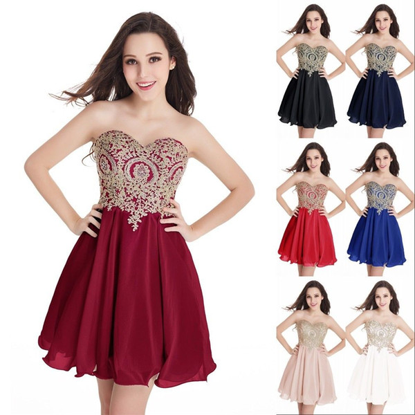 Designed Short Homecoming Dresses Gold Lace Appliques Sweetheart Mini Cocktail Dresses Junior Girls Graduation Party Gowns CPS406