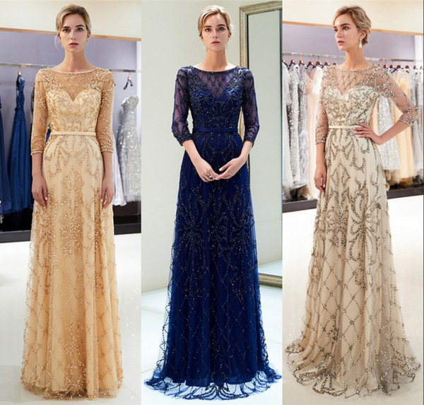 Luxury Beaded Crystals Champagne Gold Evening Dresses Formal Mermaid Sheer Crew Neck 3/4 Sleeves Women Vestidos Prom Party Gown CPS1181