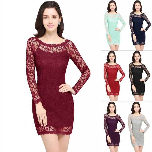 Real Picture 2022In Stock Short Lace Cocktail Dress Sheath Crew See Through Long Sleeves Mini Club Dress Mother Dress CPS630
