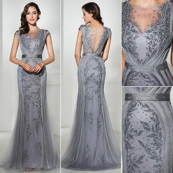 Gorgeous Gray Gold Evening Dresses Scoop Sleeveless Lace Beading Party Pageant Gowns Arabic Celebrity Dress Vintage formal Prom Gowns