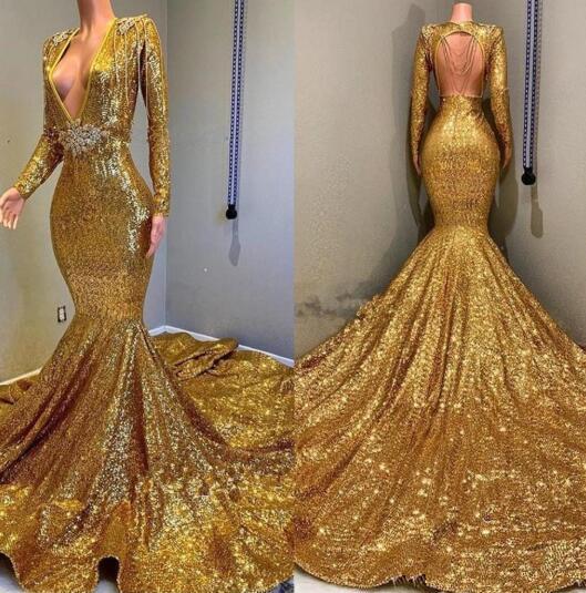 Luxury gold sequined Mermaid Evening Dresses Wear yousef aljasmi Fashion Deep V Neck crystal backless arabic Prom Formal Gowns Beaded Stones