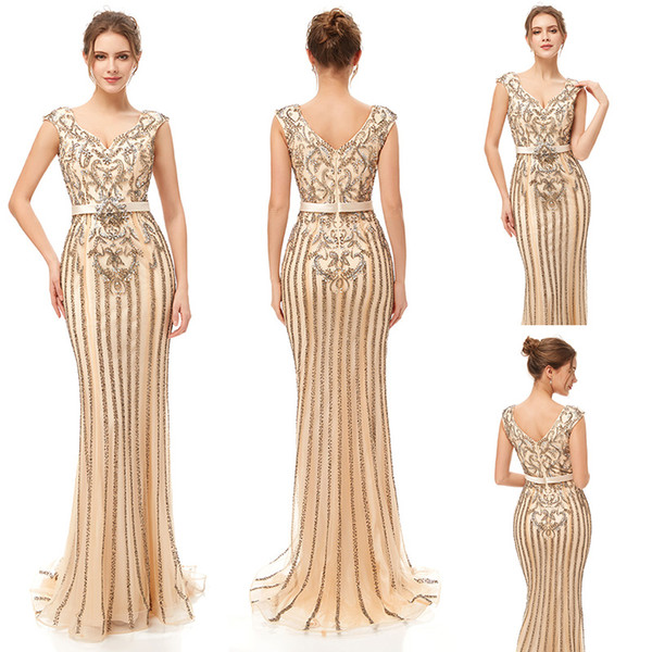 Luxury Champagne sliver beaded crysta Mermaid Evening Dresses Wear yousef aljasmi Fashion zipper backless arabic Prom Formal Gowns real