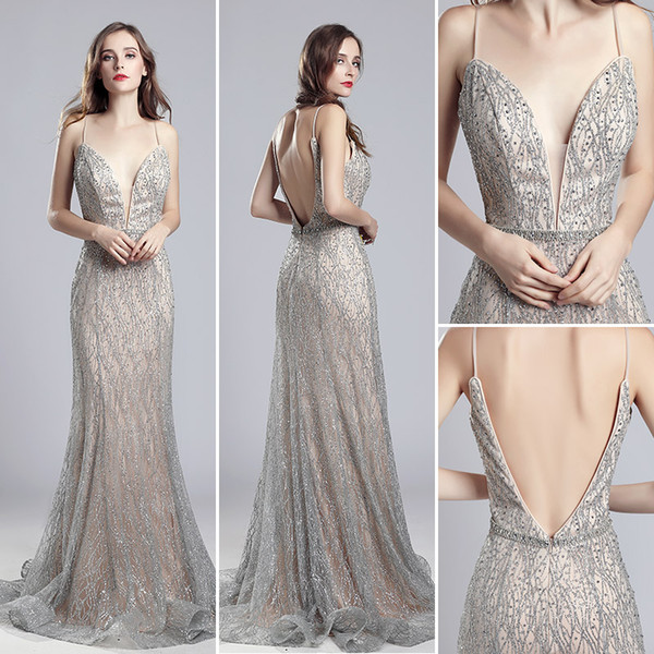 Gorgeous Silver champagne Mermaid Evening Dresses Wear yousef aljasmi Fashion V Neck spaghetti straps backless arabic Prom Formal Gowns