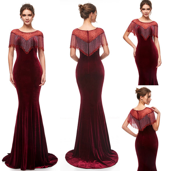 Gorgeous Burgundy Mermaid Evening Dresses Wear yousef aljasmi Fashion zipper backless Velvet beaded Tassel arabic Prom Formal Gowns